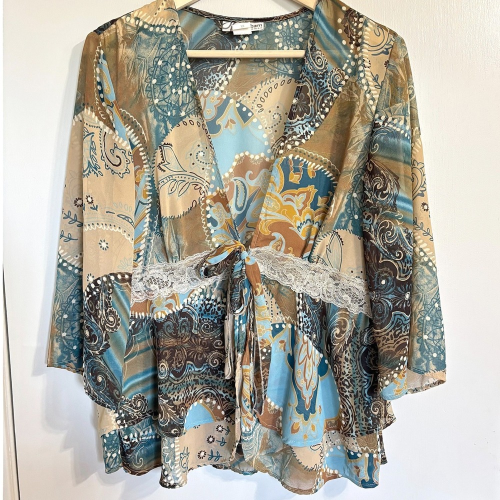 Vintage‎ Y2k Boho Paisley Sheer Lace Trim Tie Front Tiered Blouse Blue Tan 90'S